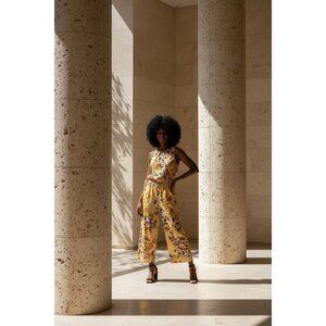 London Times Yellow Floral Wide Leg Jumpsuit pockets